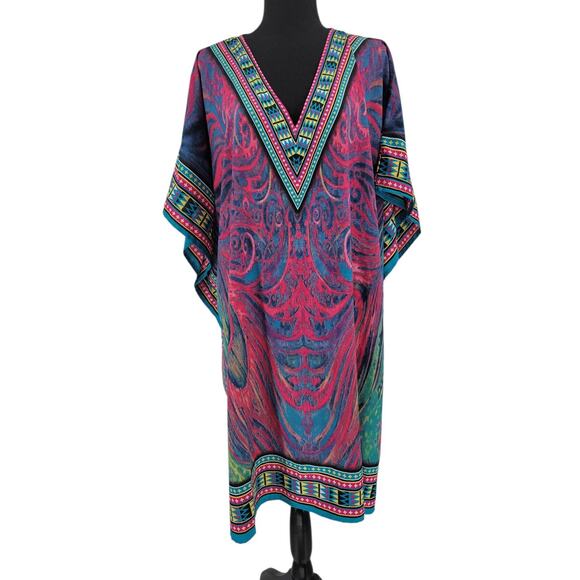 Winlar Midi Kaftan Peacock Feather Colorful Summer Poolside‎ Vacation One Size - Picture 1 of 8